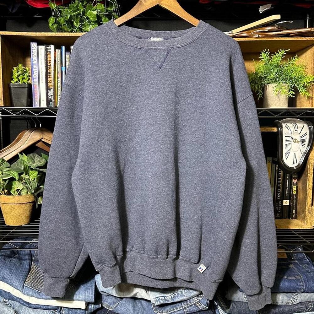 Vintage 90s Russell Athletic Crewneck Men Large Blue Grey Solid Color Sweatshirt